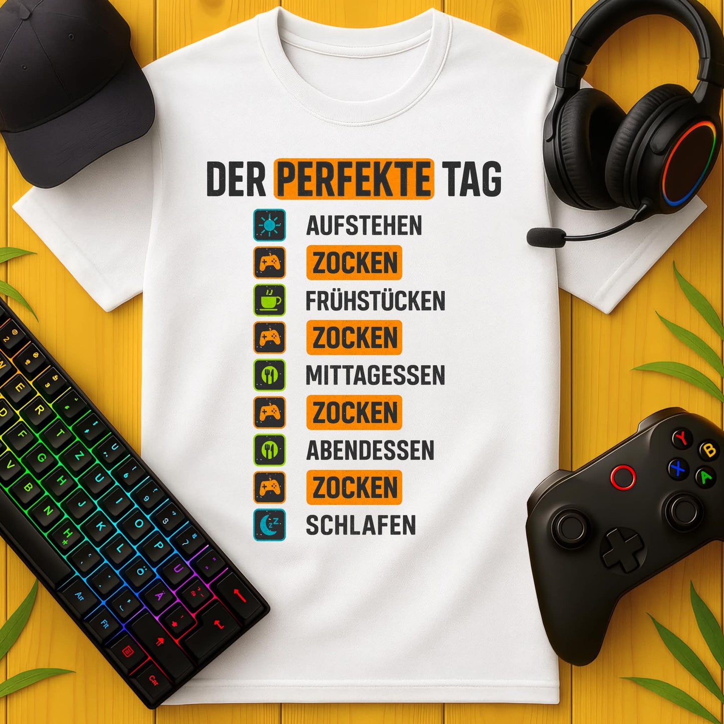 Weißes Kinder Gaming-T-Shirt mit Tagesplan aus Essen Zocken und Schlafen