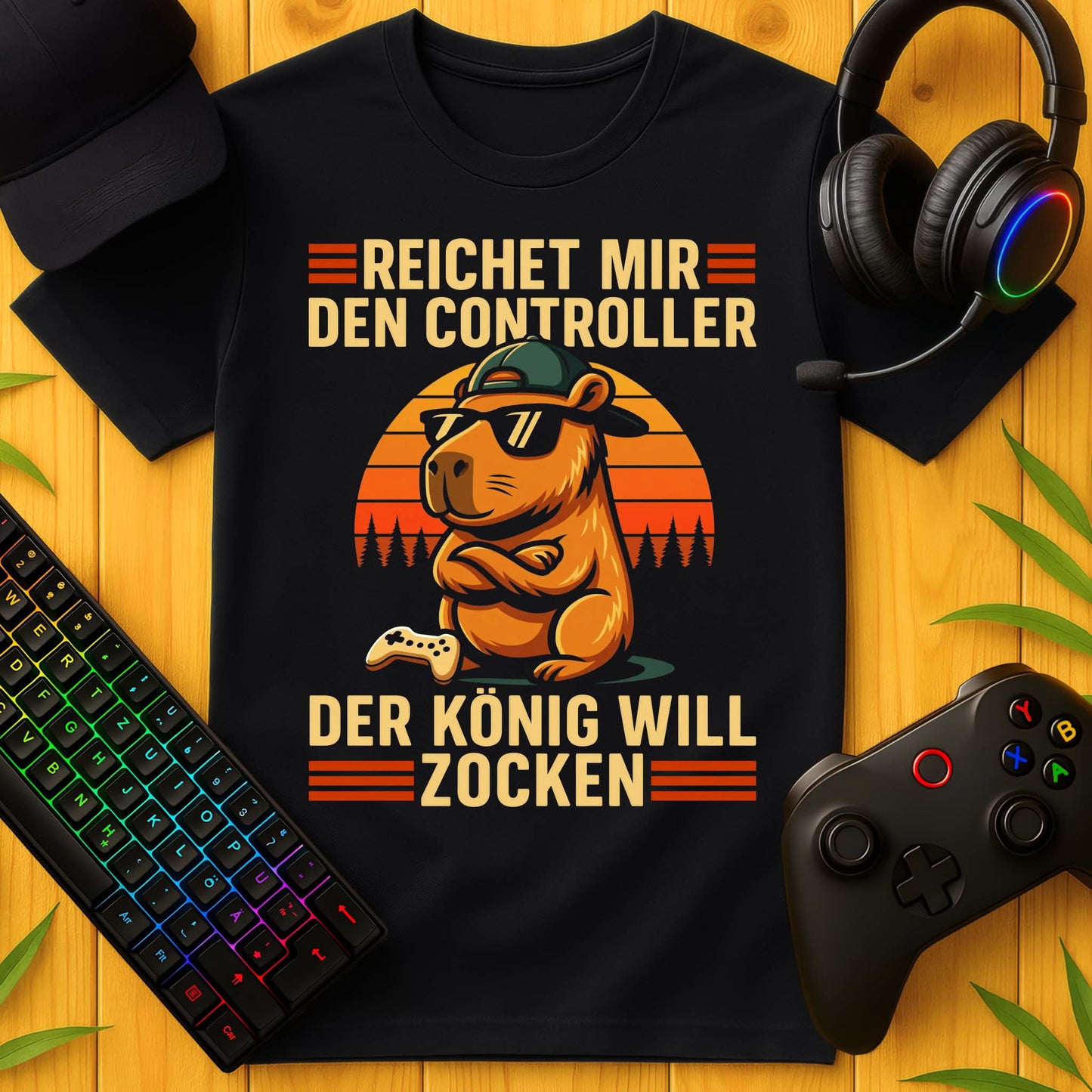 Schwarzes Gaming-T-Shirt mit Capybara und Retro-Sonnenuntergang