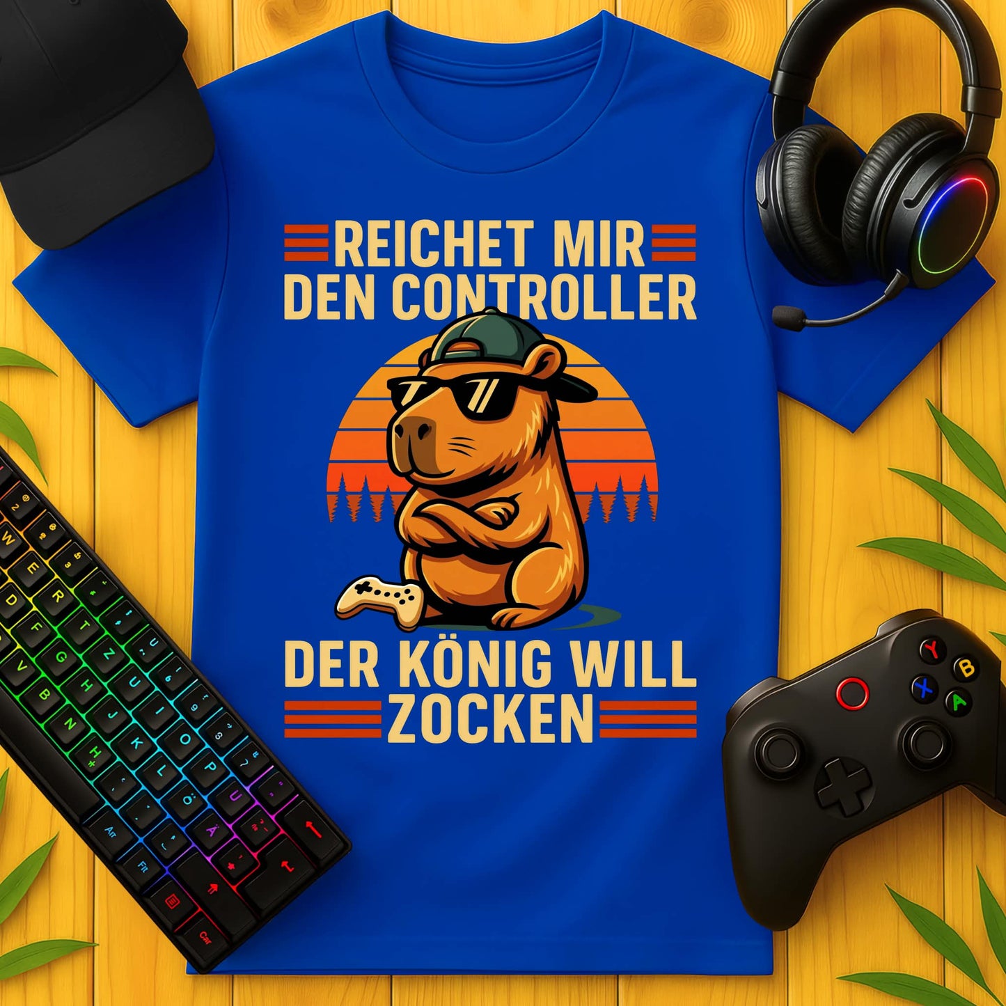 Royalblaues Capybara Gamer-Shirt mit Controller-Spruch