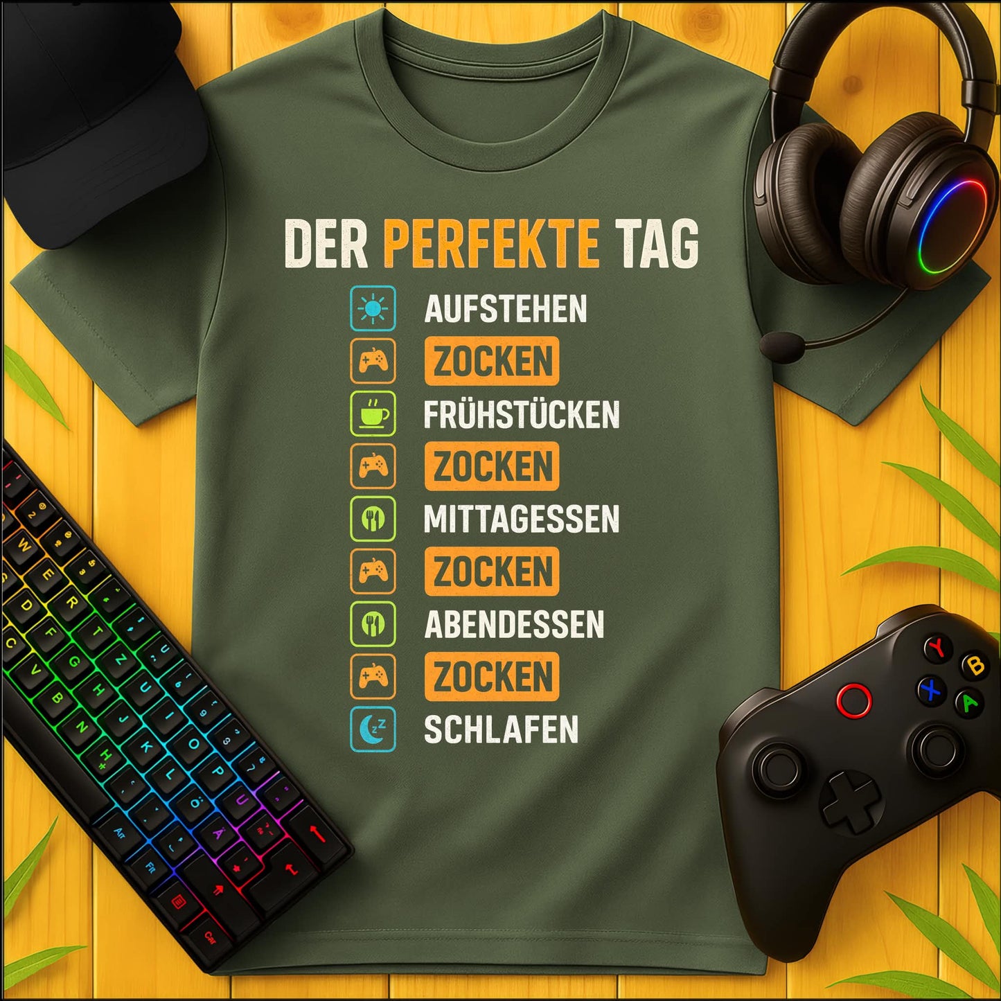 Military Green Gaming-T-Shirt mit Tagesplan aus Essen, Zocken und Schlafen