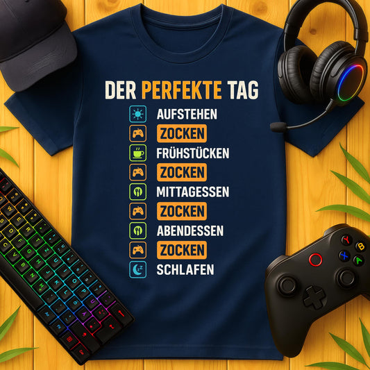 Navy Gaming-T-Shirt mit humorvollem Tagesplan für Zocker