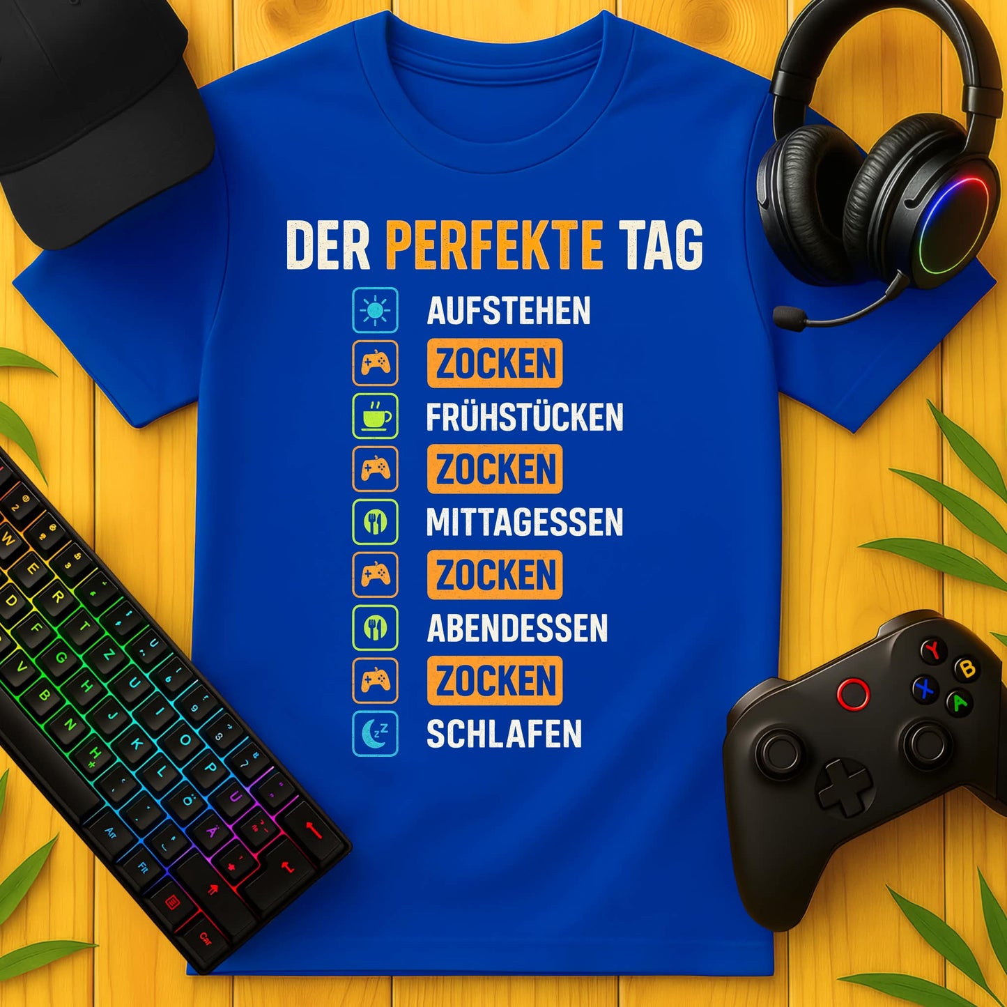Royalblaues Gamer-Shirt Der perfekte Tag mit Zocken-Tagesablauf