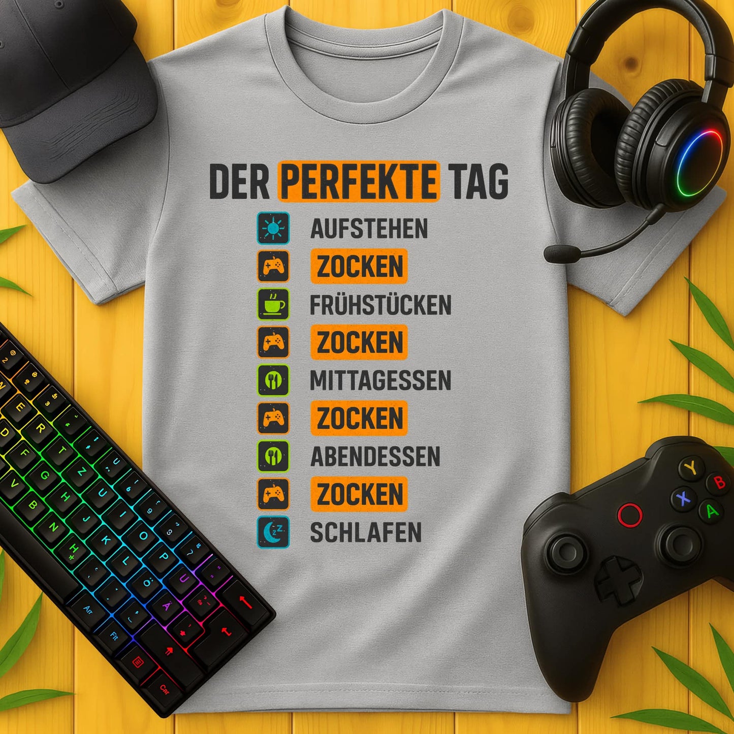 Sport Grey Gaming-T-Shirt mit Spruch Der perfekte Tag